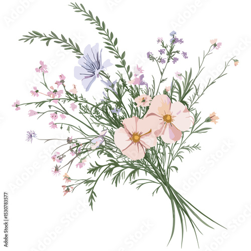 Wildflowers bouquet colorful hand drawn, vector illustration, greeting card design, wedding invitation template, spring floral arrangement, garden flowers, delicate petals, nature decor.
