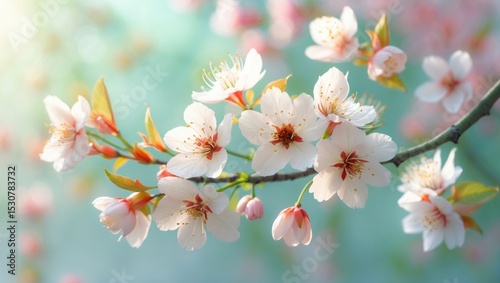 Close up. Flower buds and white flowers of cherry plum on a branch in a spring garden. photo