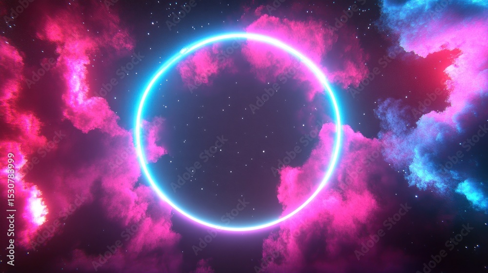 Obraz premium Neon circle framed by swirling pink & blue nebula