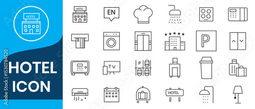 Hotel icons set. Rental property isolated icons. Set of apartment reservation, hotel booking, rent hostel room, airport shuttle, room area, flat rent, five-star hotel, service line vector web icon