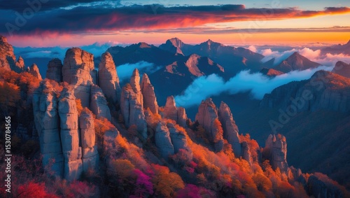 Bukhansan mountains at sunrise, Autumn in Seoul, South Korea, showcasing the natural beauty of the season and location. photo