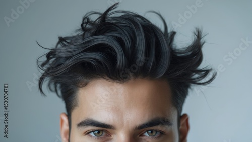 Close-up of forehead and side-parted hair displaying detailed features.
