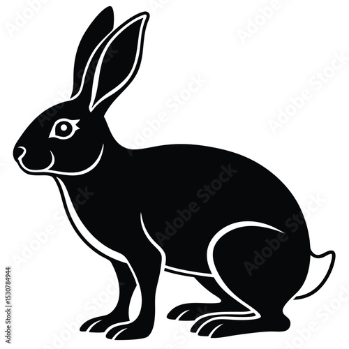 Monochrome silhouette shows a hare or rabbit sitting in a stylized animal representation