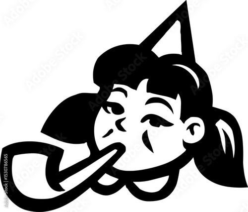 Black and white vector illustration of cartoonish girl with pipe in mouth, vintage style with bold lines; ideal for use in design or print.
