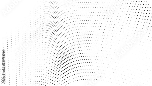 Smooth halftone dot mesh with curving transitions and clean spacing in black and white perfect for digital design abstract prints or modern fluid vector backgrounds