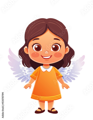 Cute Little Angel Girl with Halo and Wings Vector Illustration