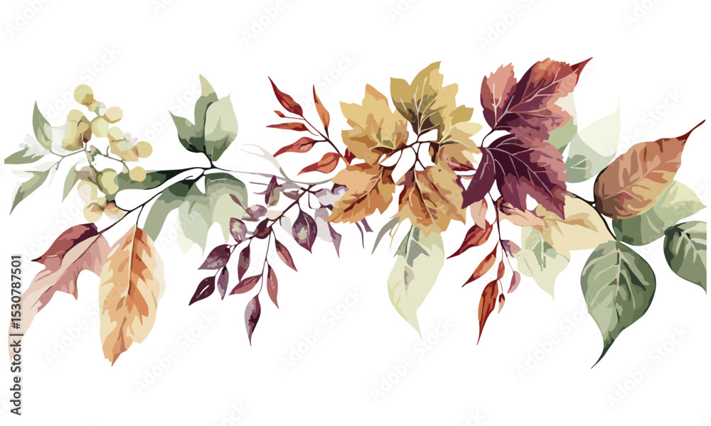 Autumn leaves floral border, watercolor botanical art, wedding invitation, birthday card, holiday decor, vector illustration, nature-inspired design, seasonal greeting, rustic elegance.
