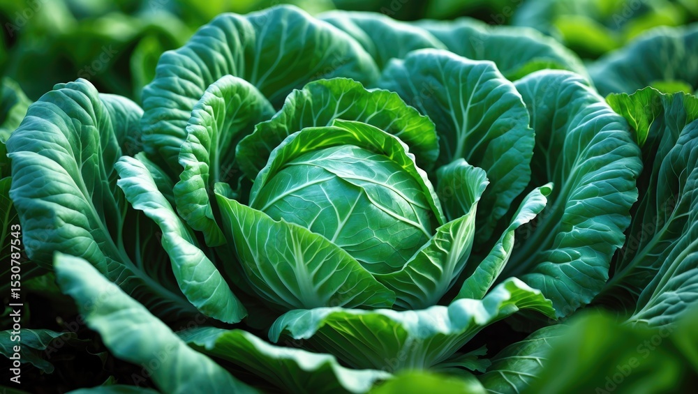 Obraz premium Close-up of green cabbage growing in a garden. Harvesting vegetables. Food.