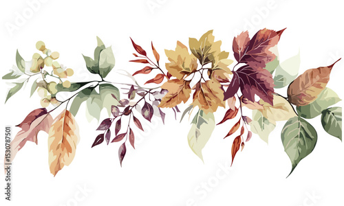 Autumn leaves floral border, watercolor botanical art, wedding invitation, birthday card, holiday decor, vector illustration, nature-inspired design, seasonal greeting, rustic elegance.