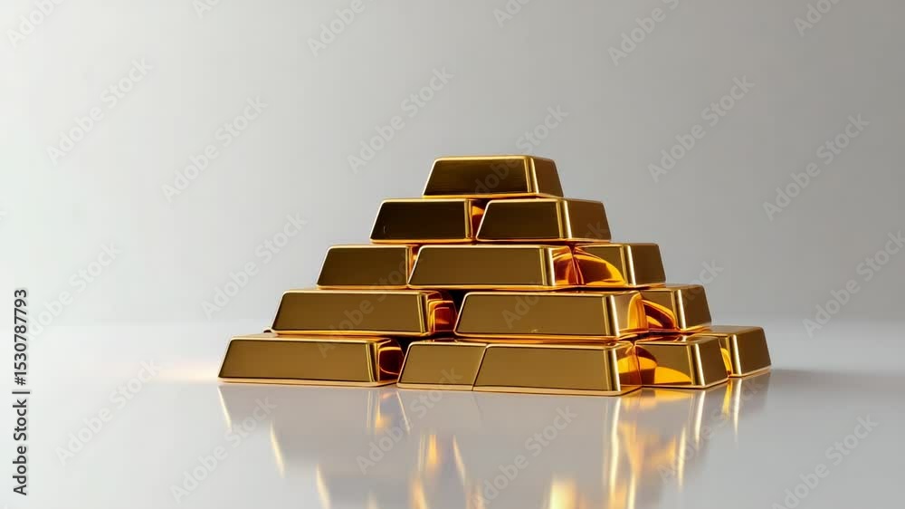 Pyramid of glimmering gold bars stacked high on a reflective surface against a gray background