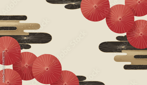 Elegant Asian-inspired abstract background with red spheres and traditional wave patterns for cultural designs.


