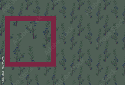 Monochrome green calm seamless pattern. Branches of leaves and blue berries. Spotted herbal boho wallpaper print. Autumn cozy backdrop