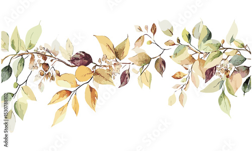 Watercolor floral border with autumn leaves, botanical art, invitation for wedding, birthday, holiday, vector illustration, seasonal frame, elegant floral design, rustic charm.