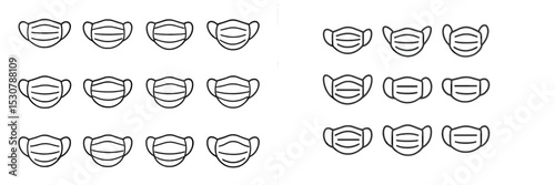 Collection of simple mask illustrations arranged in a grid showcasing various styles of face coverings for health and safety