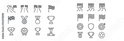 Racing icons collection featuring checkered flags, tracks, medals, and trophies for sports enthusiasts and event organizers