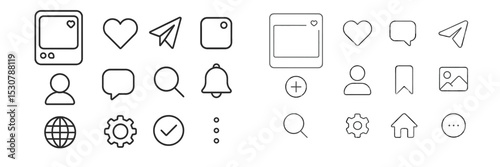 Collection of simple line icons representing social media functions and user interactions visually displayed on a clean background