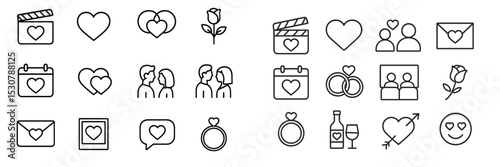 Valentine's Day themed icons and symbols representing love and relationships in a minimalist style for festive celebrations