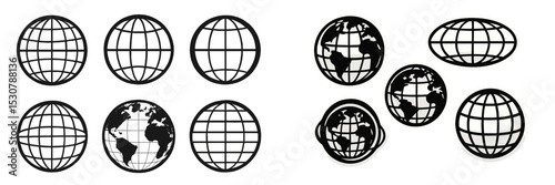 Various globe designs represented in black, illustrating continents and grid patterns for educational use
