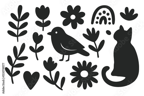 Black silhouette of a cat and bird surrounded by plants and flowers in a simple, artistic arrangement