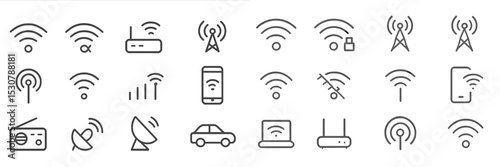 Collection of wireless connectivity icons showing various devices and signals in a minimalist style