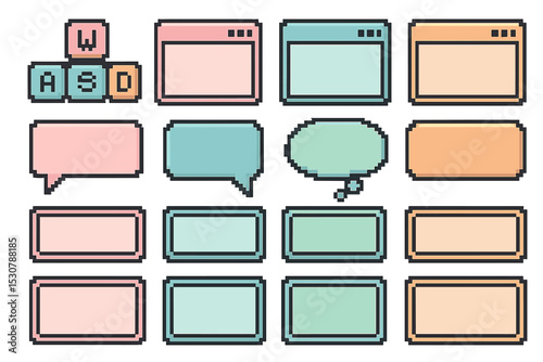 Colorful pixel art chat bubbles and window layouts for digital design projects and creativity