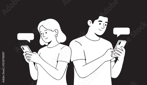 Youth engrossed in smartphones: Black and white illustration of digital communication and the impact of screen time.

