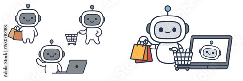 Cute robot characters engaging in shopping and online activities in a modern digital environment