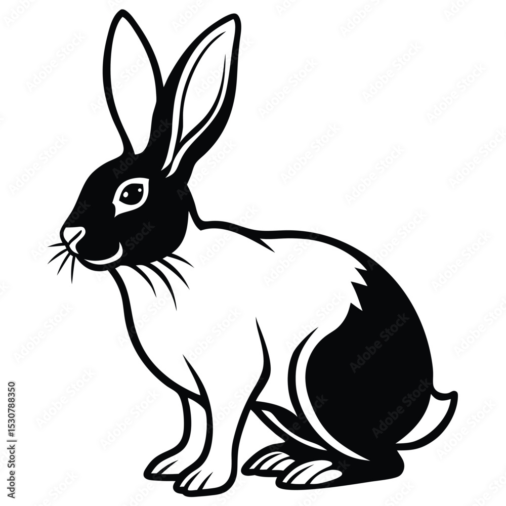 Obraz premium Black and white stylized rabbit with long ears sits looking forward peacefully