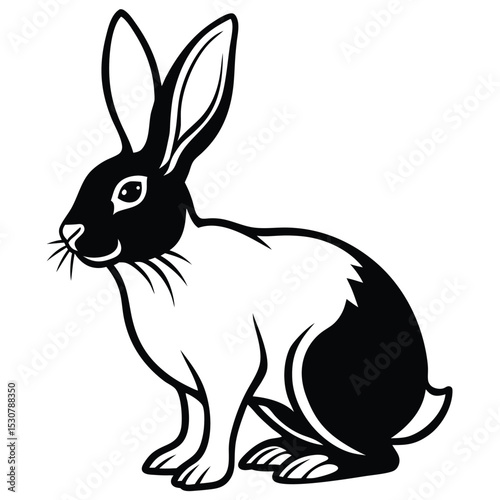 Black and white stylized rabbit with long ears sits looking forward peacefully