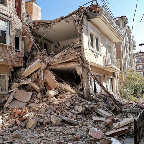 Collapsed building in earthquake. Earthquake on in The Aegean sea affected buildings in Izmir. Building damaged in Bayrakli, Izmir, Turkey. photo