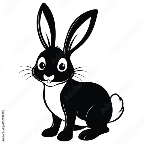 Black and white stylized rabbit looks toward the viewer with its long ears standing tall