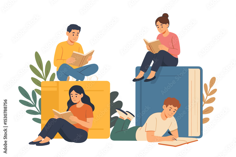 Fototapeta premium Friends enjoying reading together in a cozy environment featuring stacked books and greenery