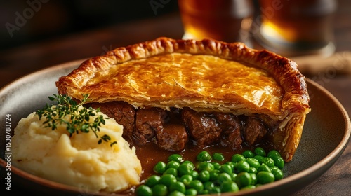 Savory Meat Pie with Golden Crust Accompanied by Mashed Potatoes and Peas on a Rustic Plate