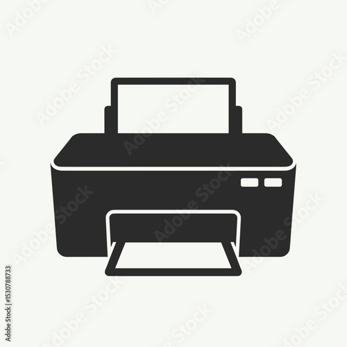 Black printer icon with open paper tray on light background  