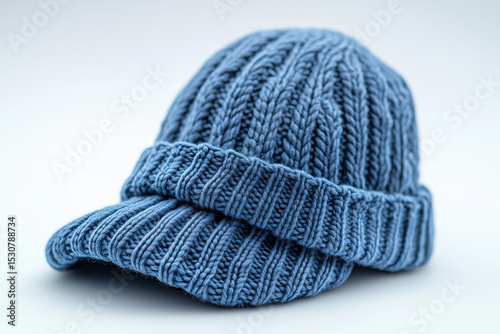 Blue Knitted Beanie CloseUp Winter Headwear, Soft Wool Hat for Cold Weather