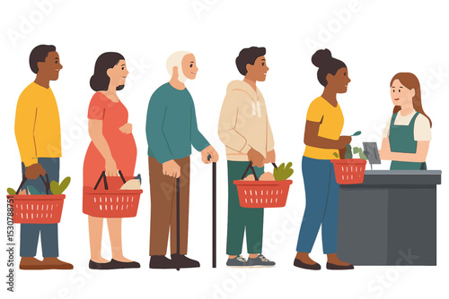 Group of diverse people waiting in line at a grocery store during daytime for checkout with baskets filled with fresh produce