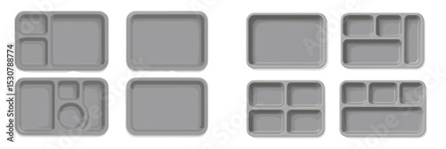 Various styles of gray food trays displayed on a white background for meal service in institutional settings