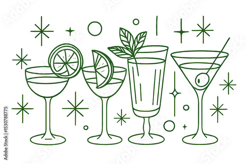 Cocktail illustration featuring various drinks with garnishes and decorative elements in a retro style