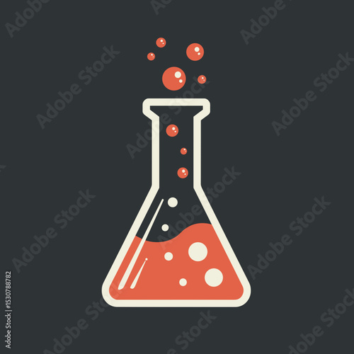 Laboratory flask with bubbling red liquid on dark background  