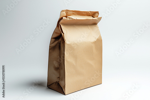 Brown Paper Bag Standing Upright on a White Surface, Top Edges Folded Over