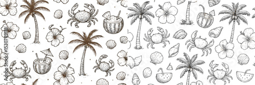 Beach themed pattern featuring palm trees, crabs, and tropical elements in a playful design suitable for summer decor