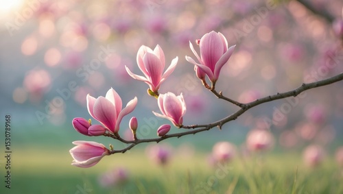 Close-up of a blooming pink magnolia tree set against a sunset. Lovely branch of pink magnolia. Selective focus. Lovely spring floral backdrop.