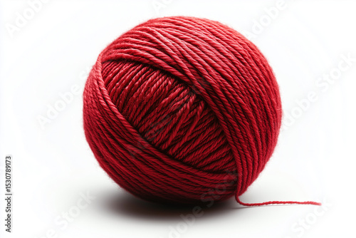Closeup of a Red Yarn Ball, Knitting Material, Craft Supply on White Background