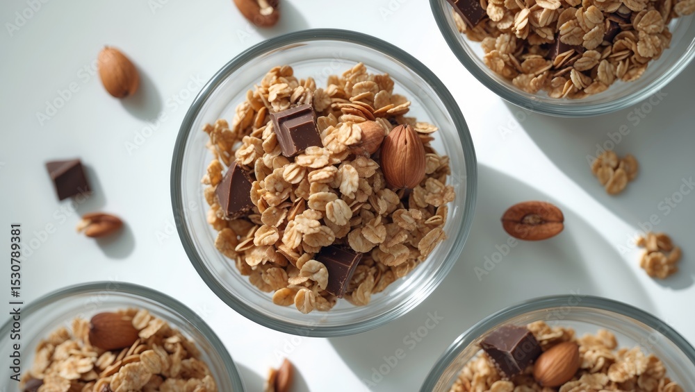 Obraz premium Chocolate nuts oatmeal granola displayed on a white isolated background.