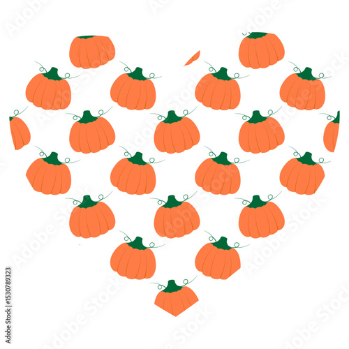 Colorful Pumpkins Heart Shape Background in Trendy Orange Autumn Holidays Greeting Backdrop Template