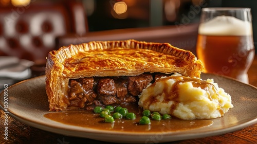 Savory Meat Pie with Golden Crust Mash Potatoes and Peas with Gravy Served on Plate with a Pint of Beer on Wooden Table