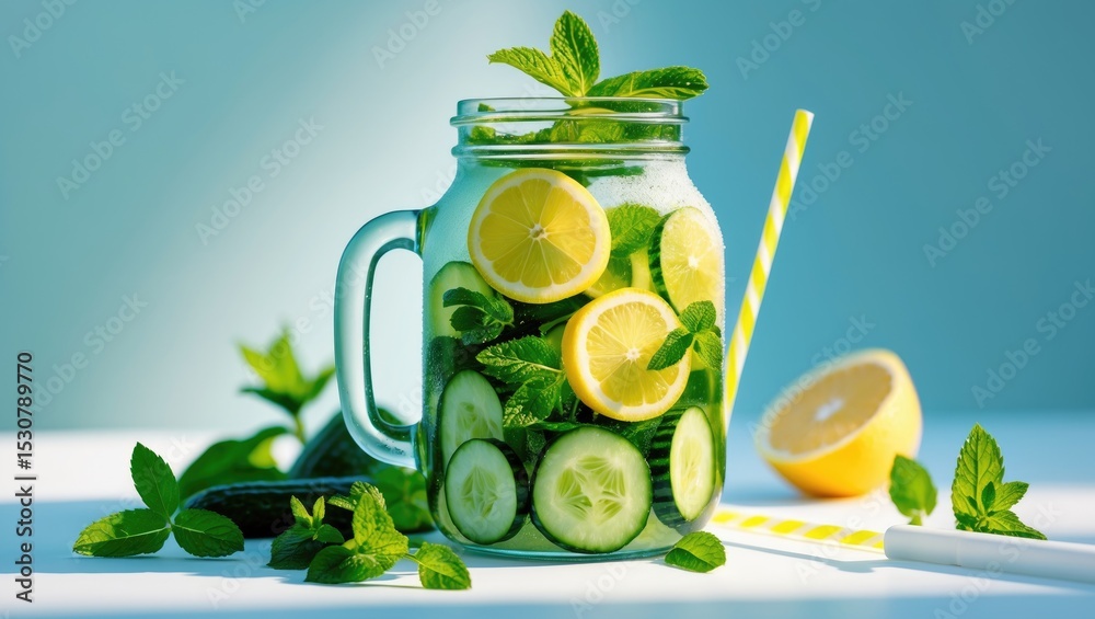 Fototapeta premium Bunner. Summer detox and revitalizing beverage with cucumber, lemon, and mint