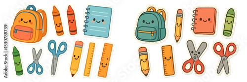 Brightly colored school supplies and cheerful stationery designed for kids, featuring backpacks, crayons, and notebooks