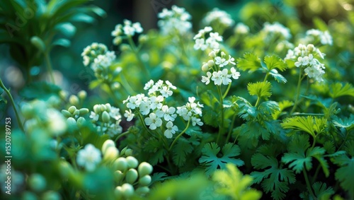 Blooming cilantro plant in the garden.