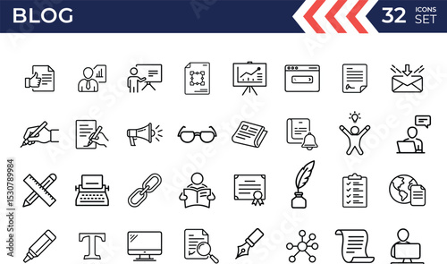 Blog or copywriting line vector icon set. Contains article, Content writing and others vector icons